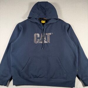 CAT Caterpillar Mens XL Navy Blue Pullover Hoodie Logo Sweatshirt Workwear